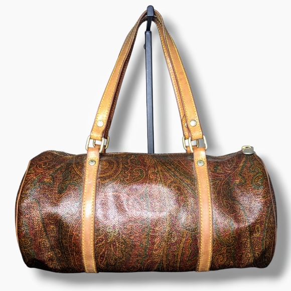 Etro Handbags - Etro | Vintage Papillon Natural Leather Burgundy Paisley Cylinder Mini Tote Bag
